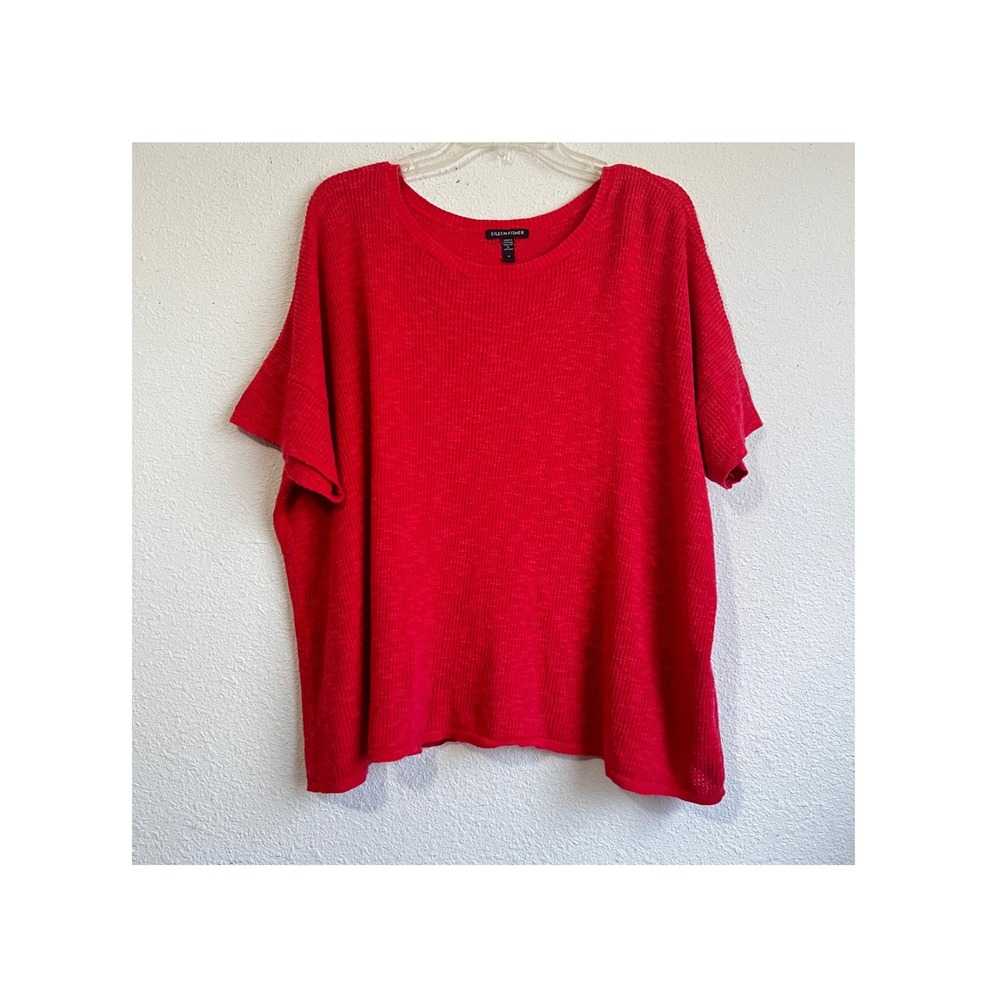Eileen Fisher Womens Red Knit Short Sleeve Boxy Sweater Top Plus Size 1X